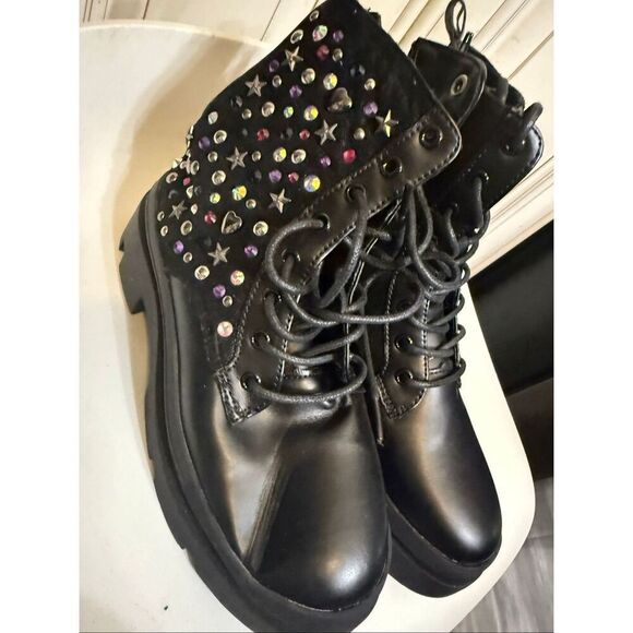 Steve Madden Kids' JKrissen Glitter Stud Embellished Combat Boots Black Size 2 - Picture 7 of 10